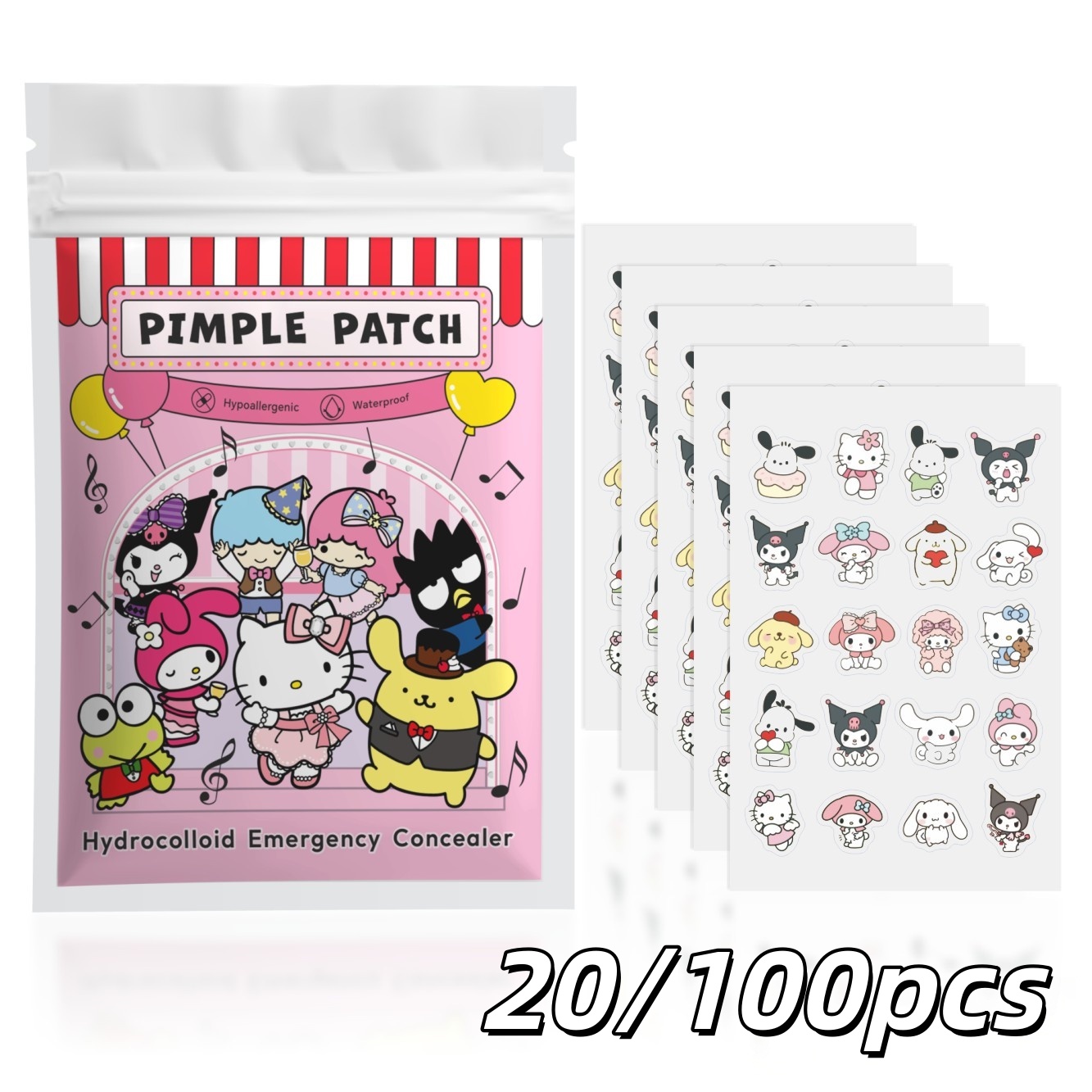 Hydrocolloid Acne Patch - 20/100 ชิ้นชุดแปะสิวไฮโดรคอลลอยด์เฮลโลคิตตี้,สติ๊กเกอร์ลายการ์ตูนน่ารัก, แผ่นแปะดูแลผิวหน้าแบบกันน้ำที่มองไม่เห็น